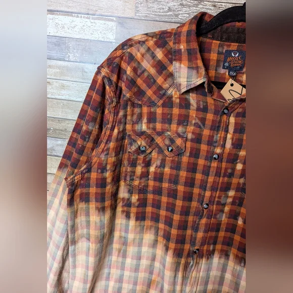 Def Leppard Upcycled Dip Dye Bleach Flannel Shirt - Picture 12 of 15